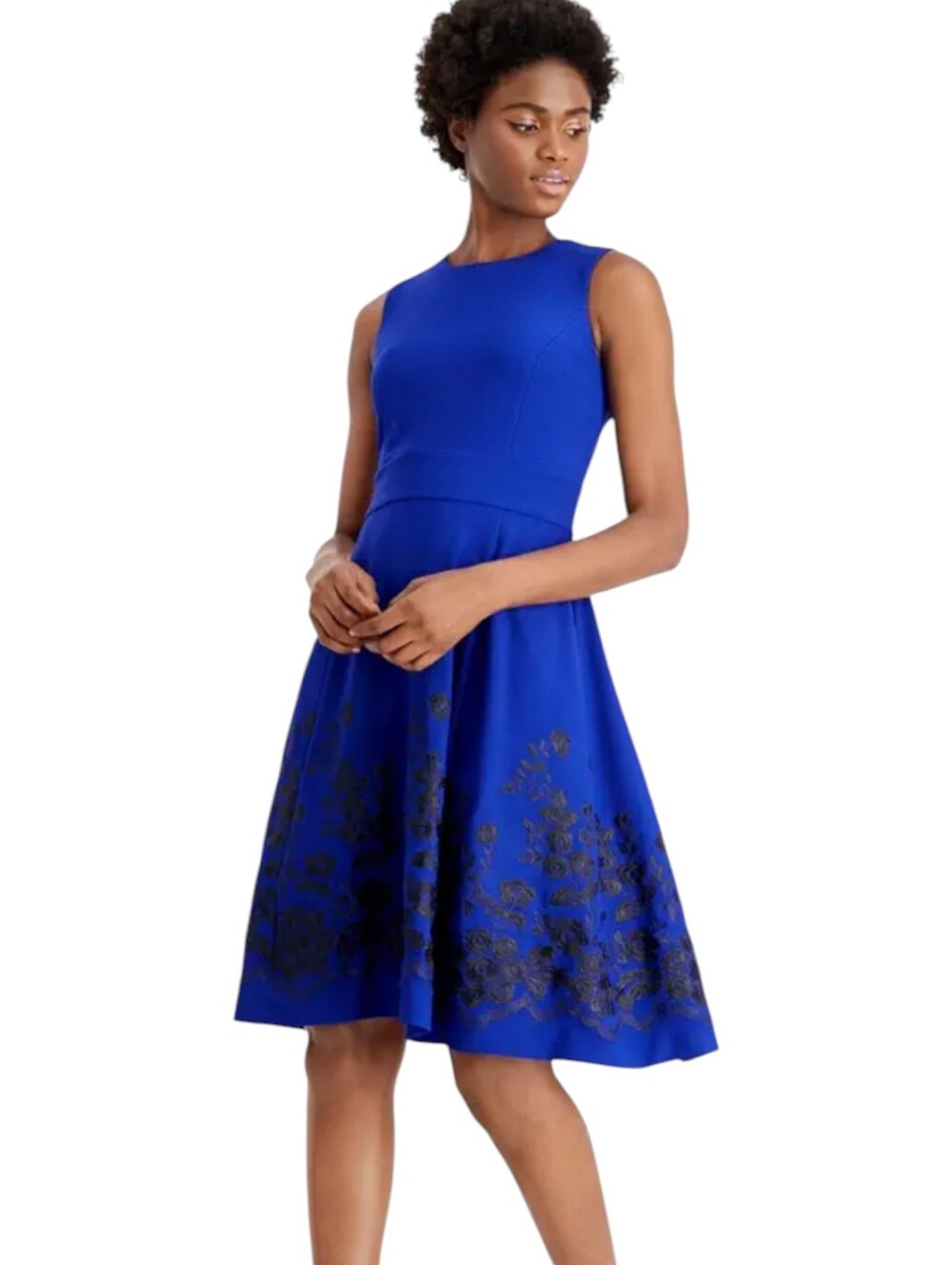 Calvin Klein Sleeveless Royal Blue Fit-and-Flare Dress  Black Embroidered Skirt